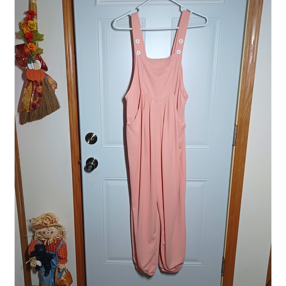 Rose Tan Waffle Knit Sleeveless Overall Jumpsuit Harem Pants Side Pockets 18